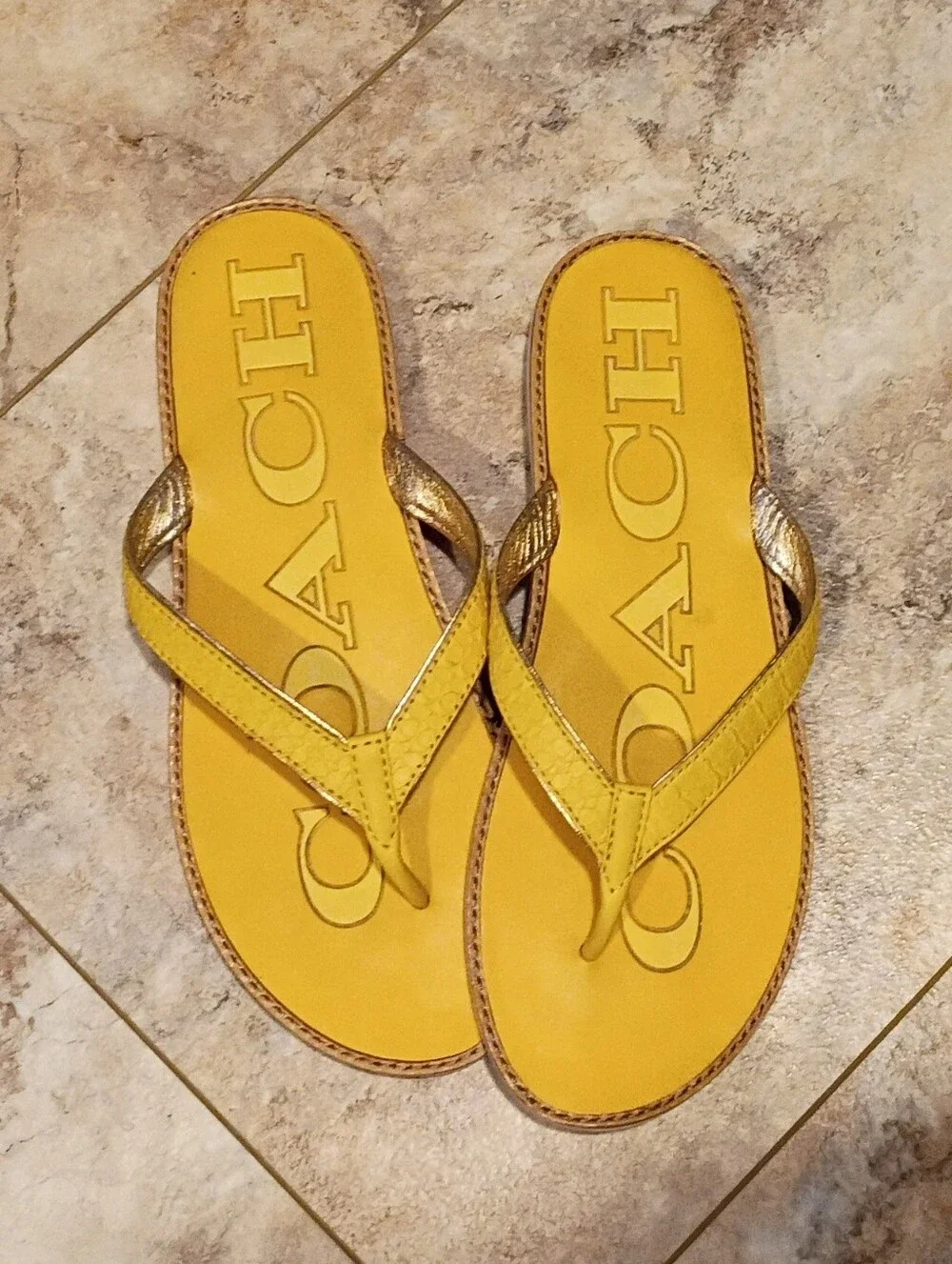 Y2K Coach Butter Yellow Leather Flip Flops Sandals Summer Boho
